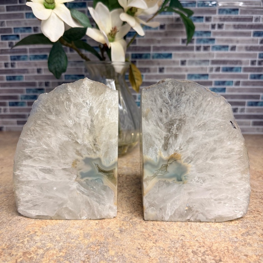 Pair of natural agate geode candle bookends